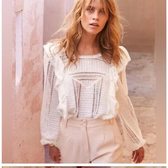 Sezane Lace Love Blouse 100% Cotton Ivory White Ruffled Open Knit French Girl - Picture 5 of 9